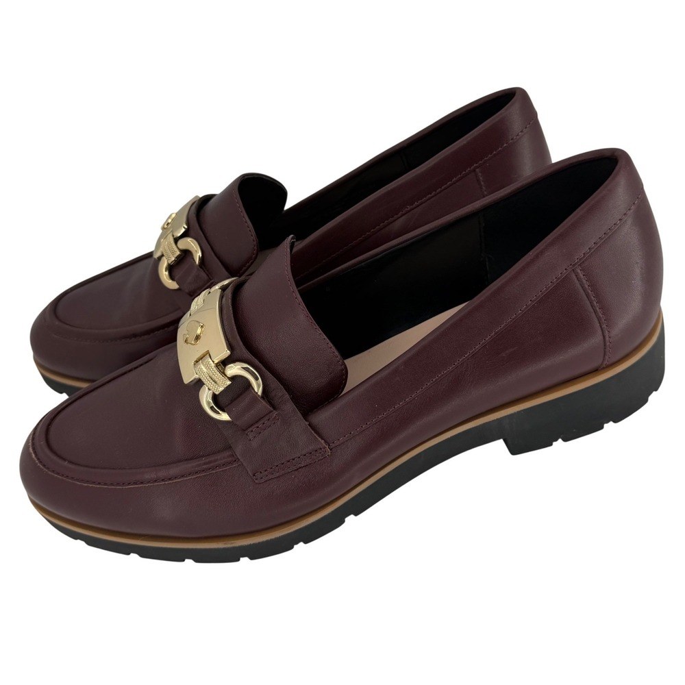 Kate Spade Madi Burgundy Leather Loafers Gold Horsebit Lug Sole‎ Preppy 10M